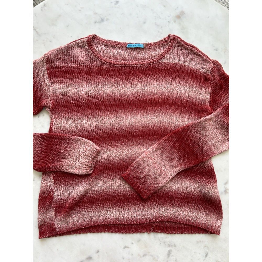 alice + Olivia Size L Ethan Textured Sweater Boxy Ombré Red Stripe Sheer